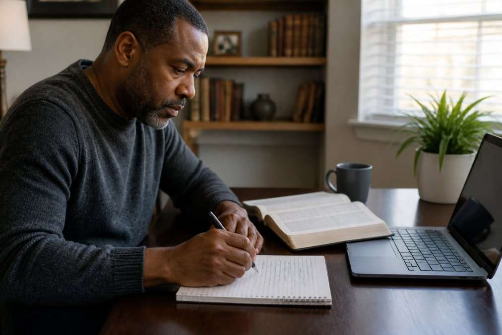 A mature adult student sitting at a home desk with an open Bible, a notebook, and a laptop, studying in a calm and focused environment with natural light coming through a window