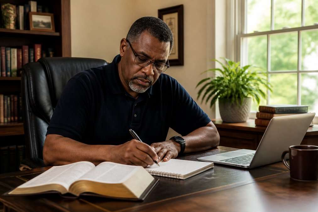 A pastor in his study at home, open Bible and laptop on the desk, taking notes during an online theological study session, warm natural light through a window