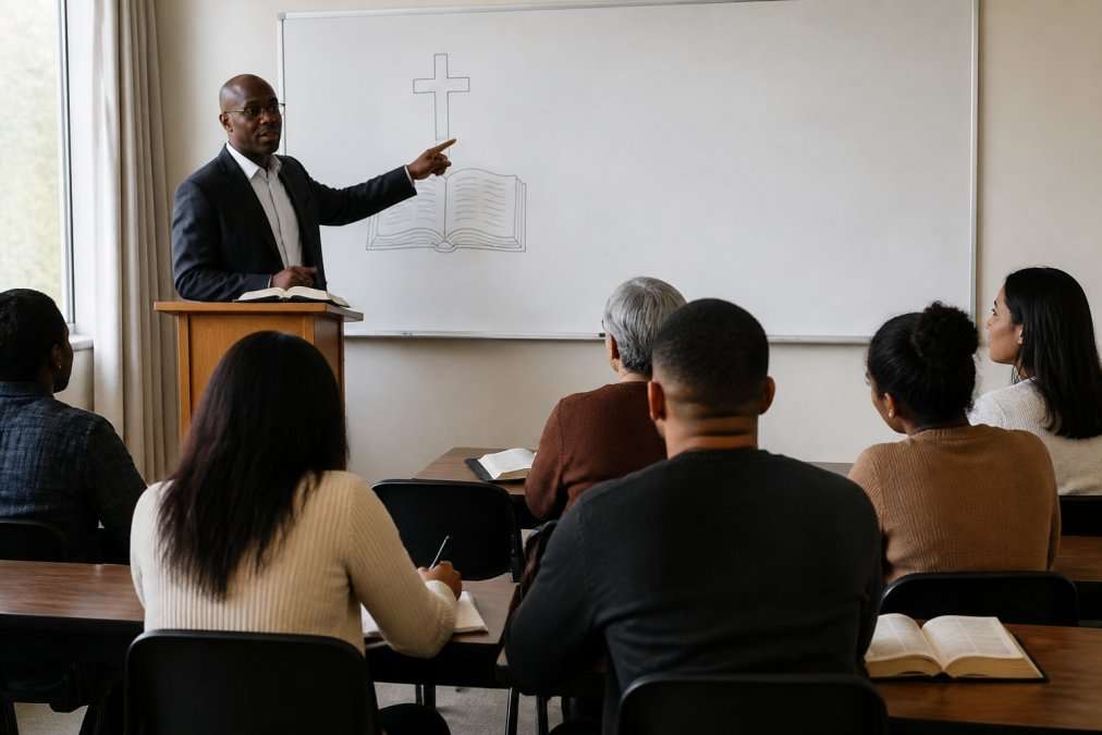Church pastor or ministry leader standing at a lectern or teaching area, pointing to biblical content on a whiteboard or screen, with engaged students or church members seated and taking notes, natural classroom lighting