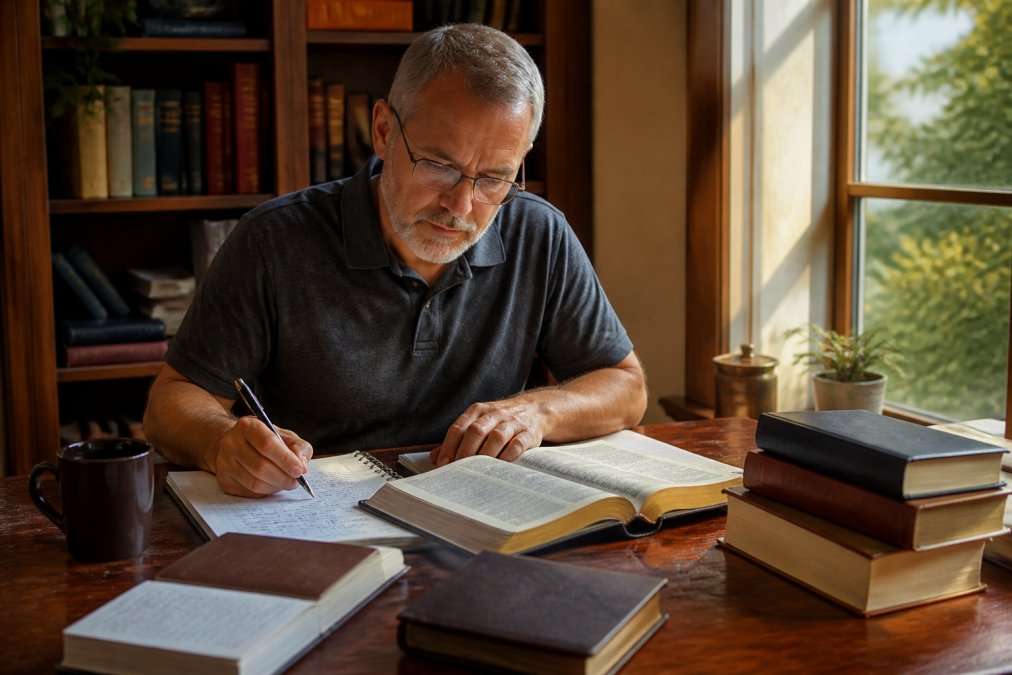 A mature student studying at a wooden desk with an open Bible and laptop, warm natural light streaming through a window, surrounded by theological texts and notes