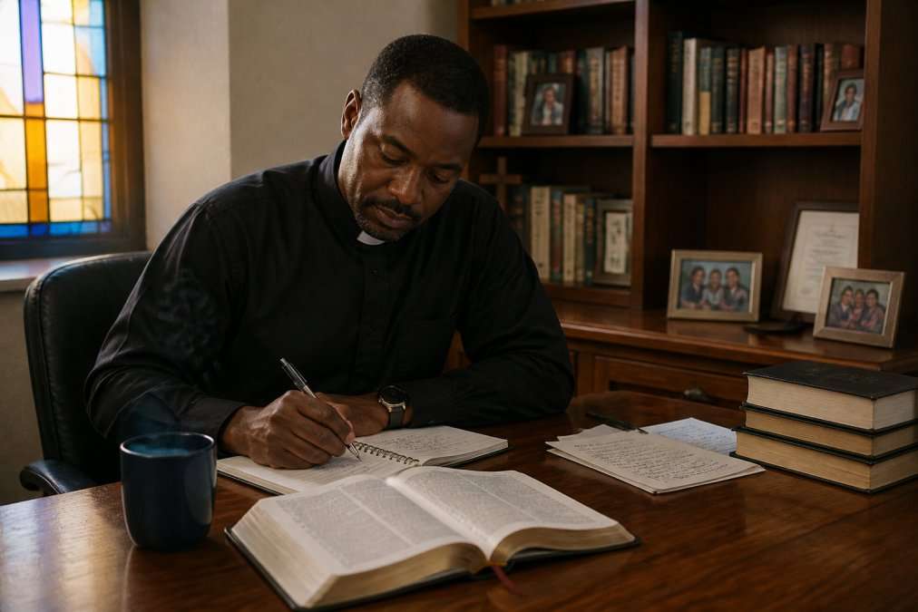Pastor or minister studying at a wooden desk with open Bible, theological notes, and a steaming coffee cup in a quiet church office with stained glass window light filtering through, suggesting active ministry work alongside focused study