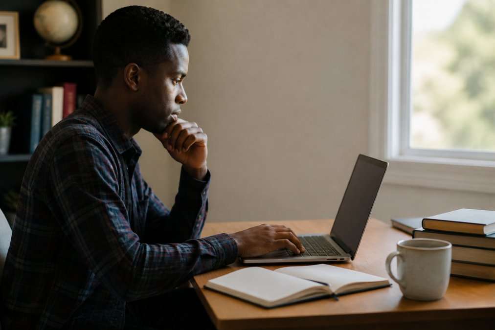 A student minister reviewing a weekly planner on a laptop at a tidy desk, with a coffee mug and an open notebook nearby, natural daylight from a window