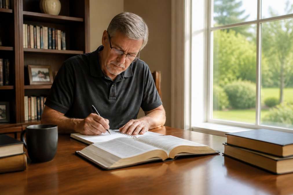A mature adult student sitting at a wooden home desk with an open Bible, a spiral notebook, and a laptop, studying in a calm and focused environment with warm natural light coming through a large window