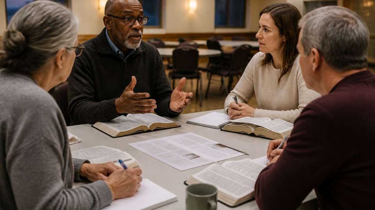 A small group of adults seated around a table in a church hall with open Bibles, notebooks and printed study guides, one person leading discussion under warm evening lighting