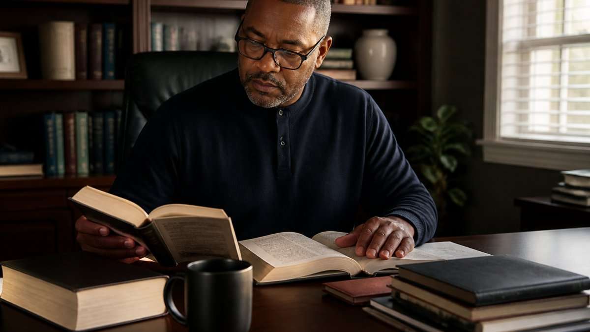 Pastor sitting at desk with laptop and theological texts, reviewing online seminary materials with coffee, natural window lighting