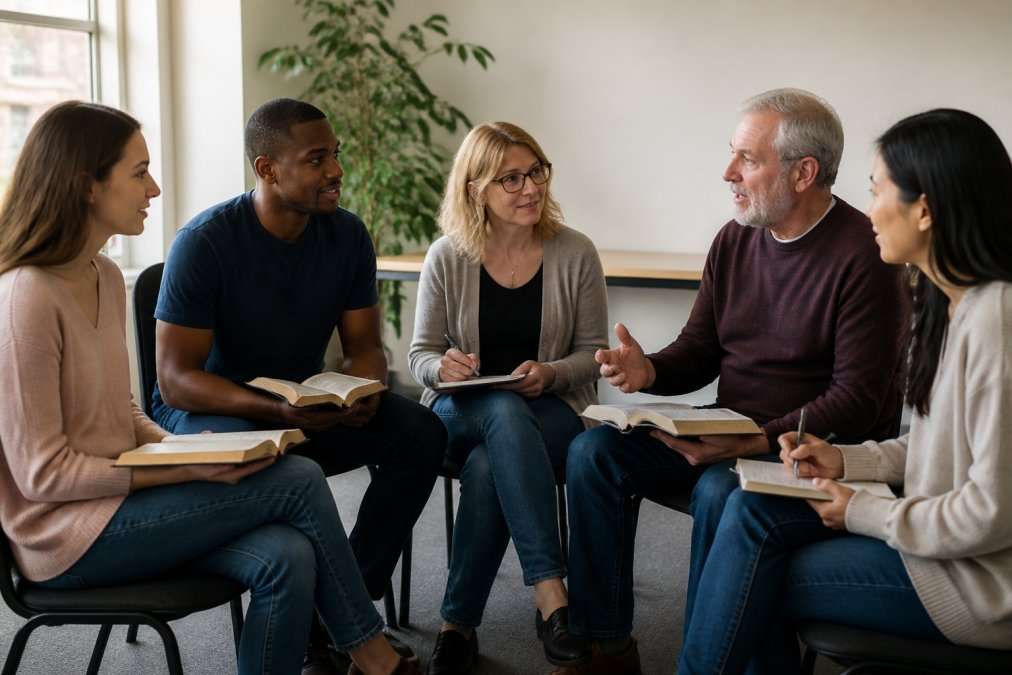 Diverse group of five ministry students and church leaders of different ages and backgrounds, ranging from a young woman in her twenties to an older man in his sixties, seated in a circle in a bright, modern church classroom with Bibles and notebooks, engaged in discussion about theological concepts