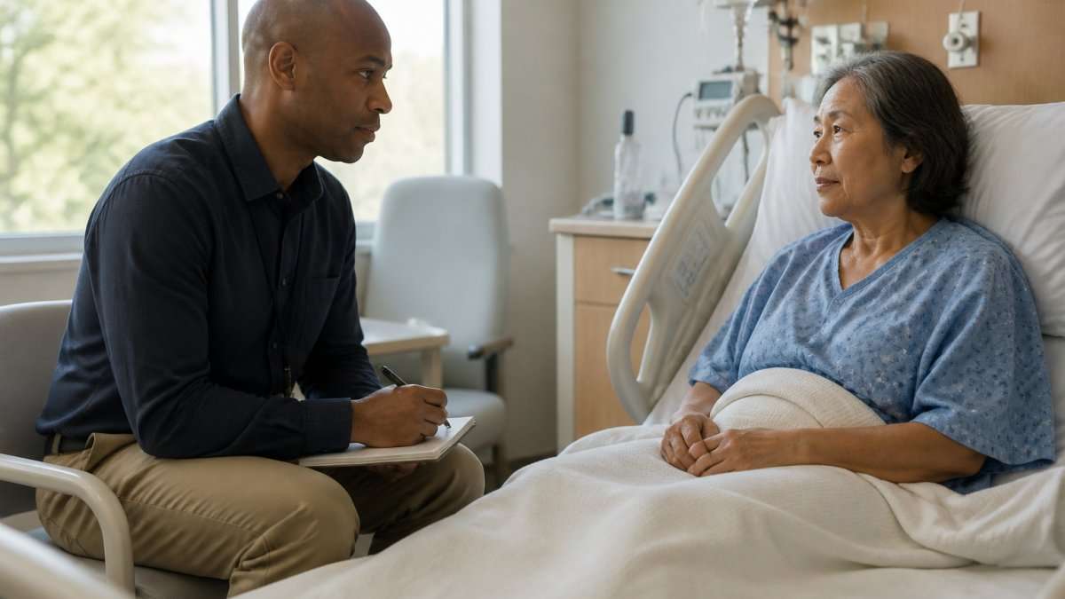 A hospital chaplain in plain clothes sitting beside a patient's bed in a bright hospital room, listening attentively with a notepad on their lap, soft daylight through the window