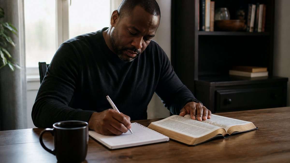 A pastor in a home study with an open Bible, laptop and notebook, studying early in the morning before the day begins