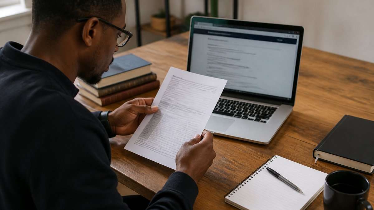 A person sitting at a desk with a laptop and a printed document, cross-checking a college's accreditation details against a recognised register on screen